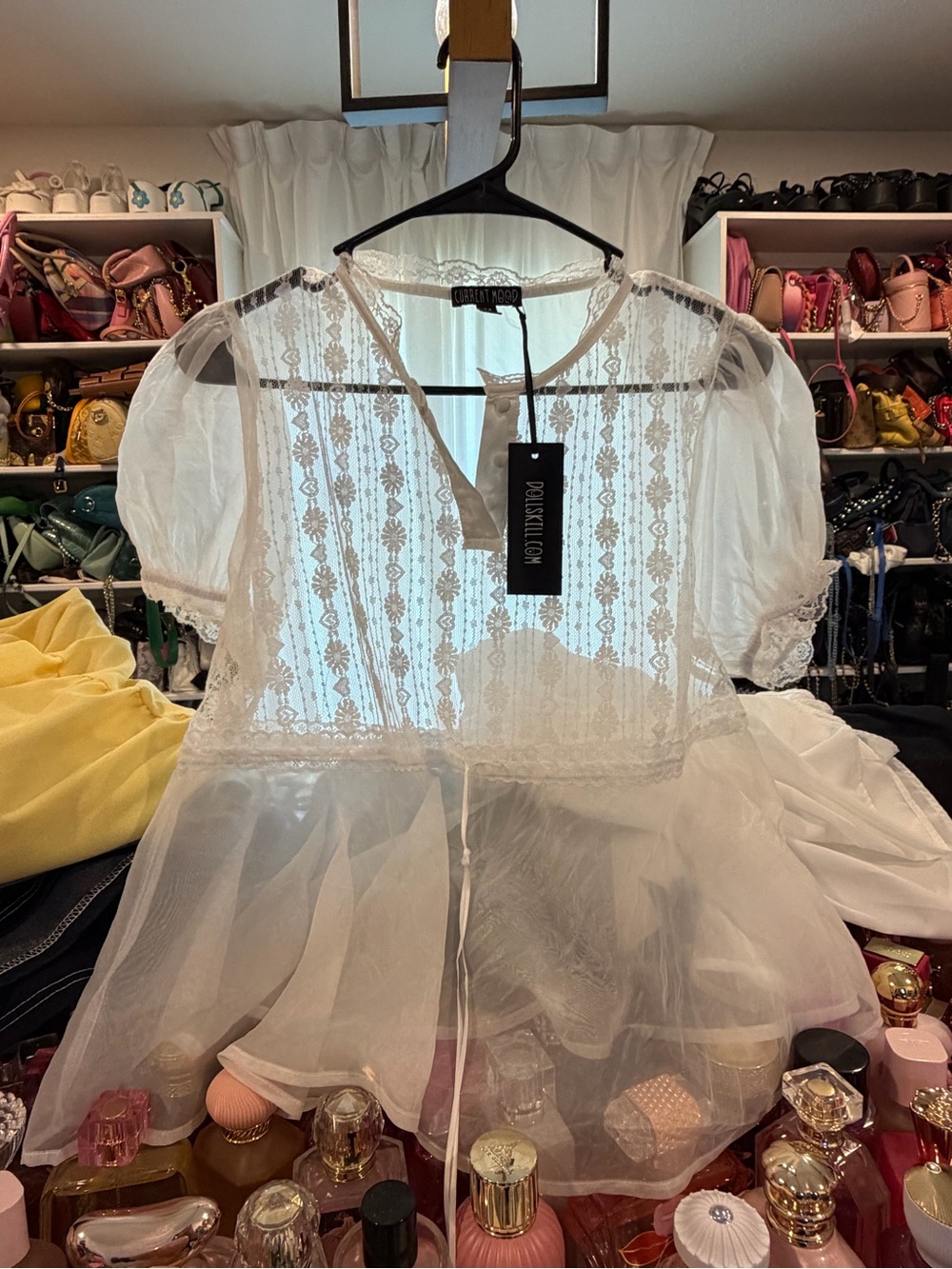 Current Mood White Sheer Lace Puff Sleeve Blouse